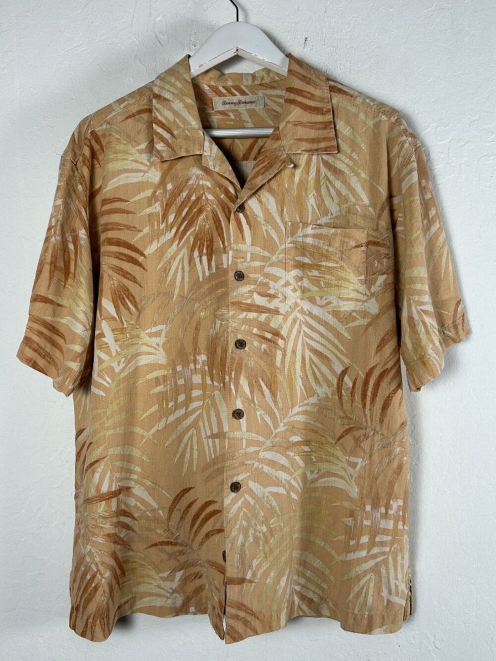 Tommy Bahama Mens Palm Print Silk Hawaiian Shirt XL Beige Button Up Short Sleeve